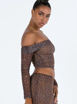 Princess Polly Motel Nagini Bardot Top Mesh  Leopard Store