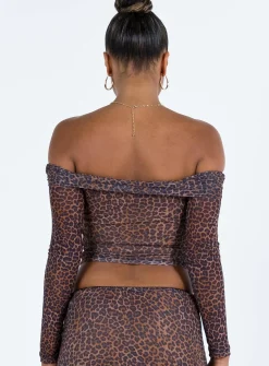 Princess Polly Motel Nagini Bardot Top Mesh  Leopard Store