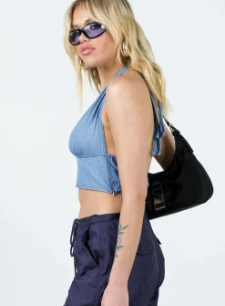 Princess Polly Motel Nanda Top Denim Stone Wash  Blue Discount