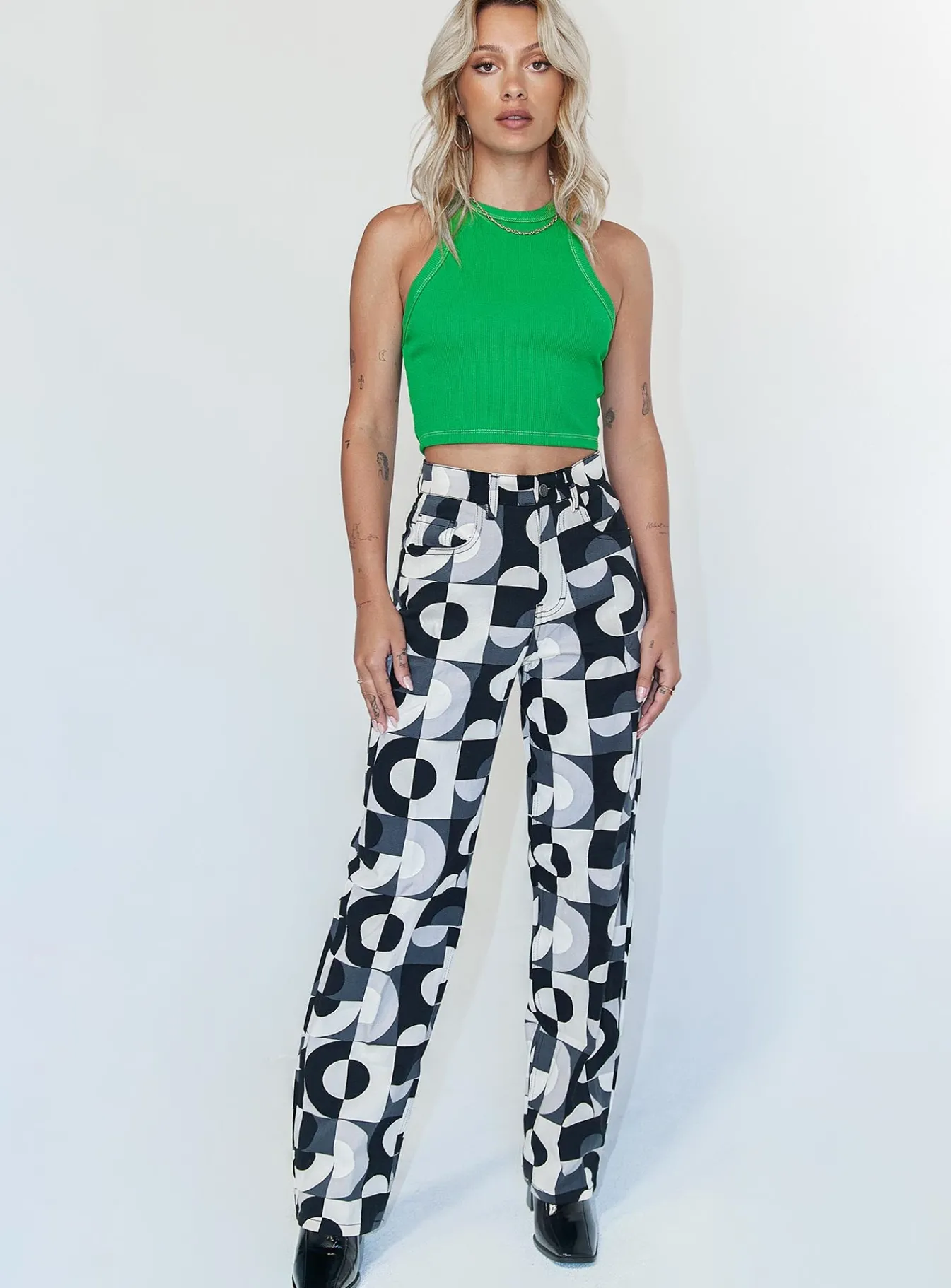 Princess Polly Motel Parallel Jeans Retro Optic Spot Black / White Discount