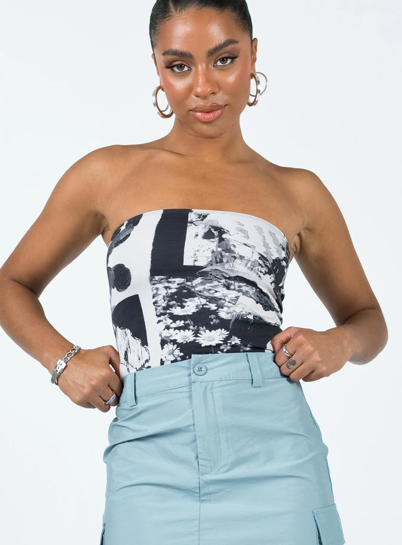 Princess Polly Motel Shae Top Photo Collage Grey Black New