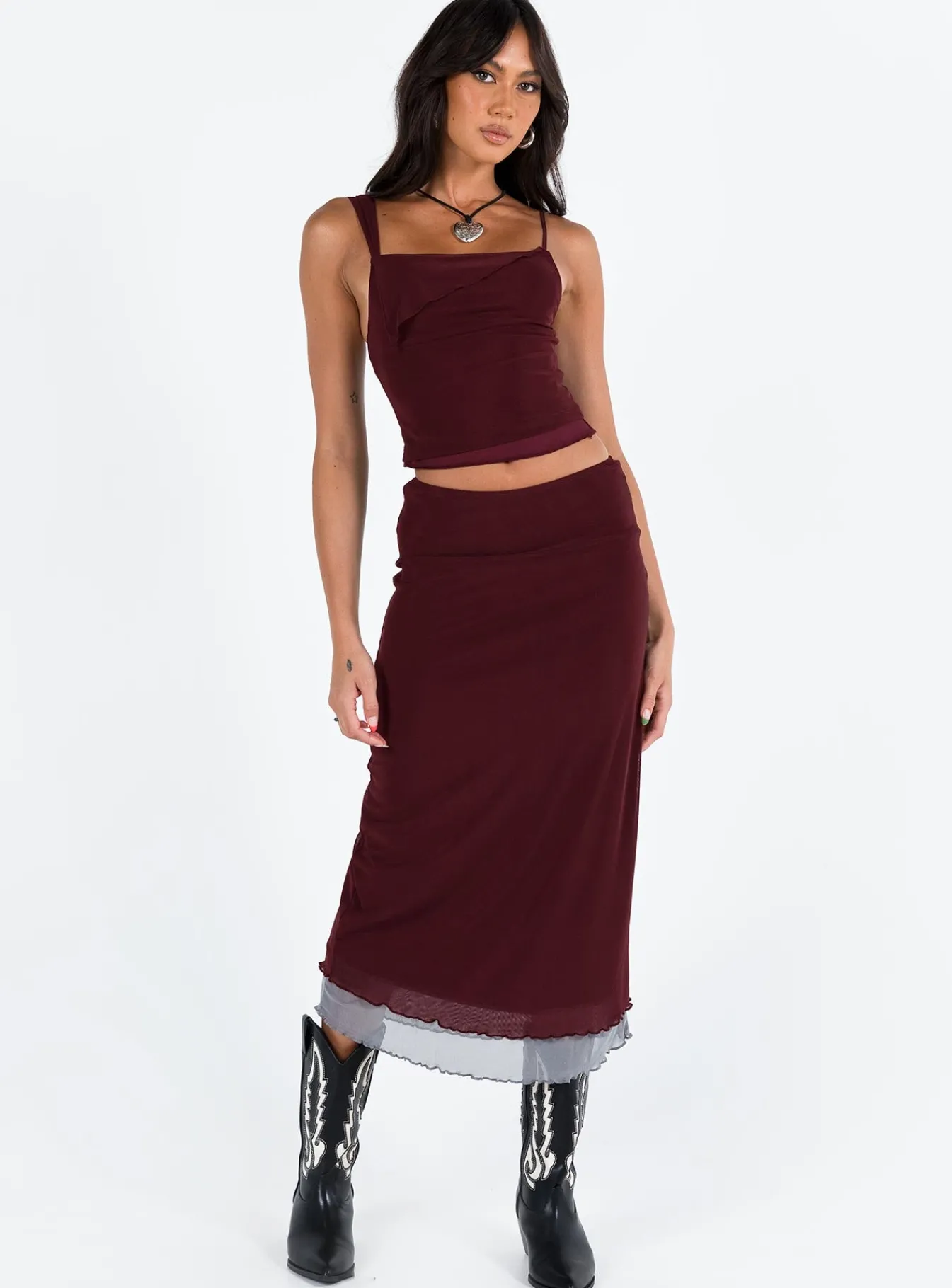 Princess Polly Motel Tresha Skirt Mesh199 Burgundy New