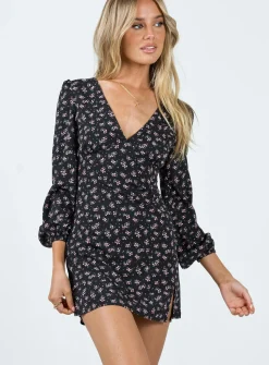 Princess Polly Naturi Long Sleeve Mini Dress/ Floral   Black Best