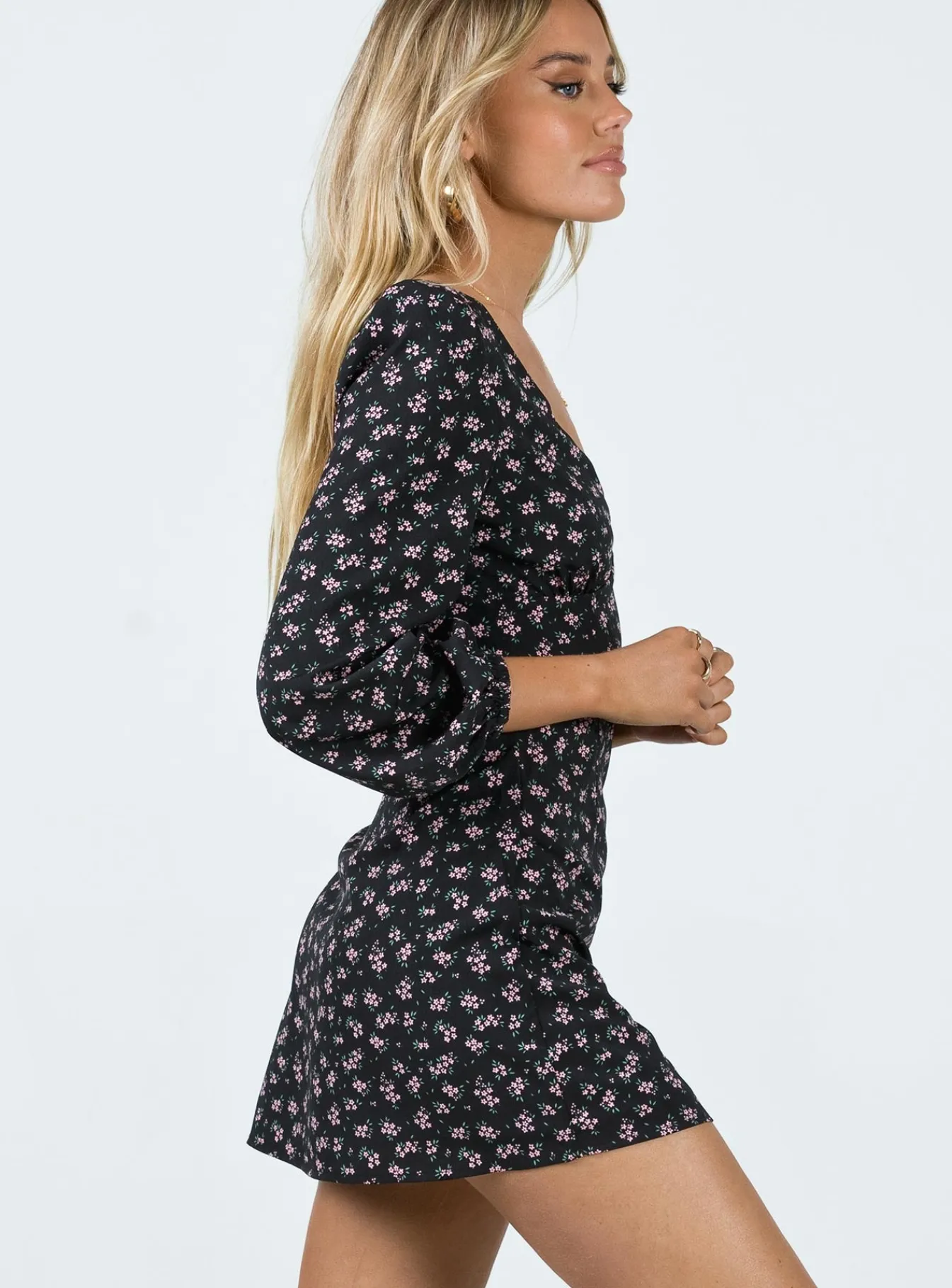Princess Polly Naturi Long Sleeve Mini Dress/ Floral Black Best