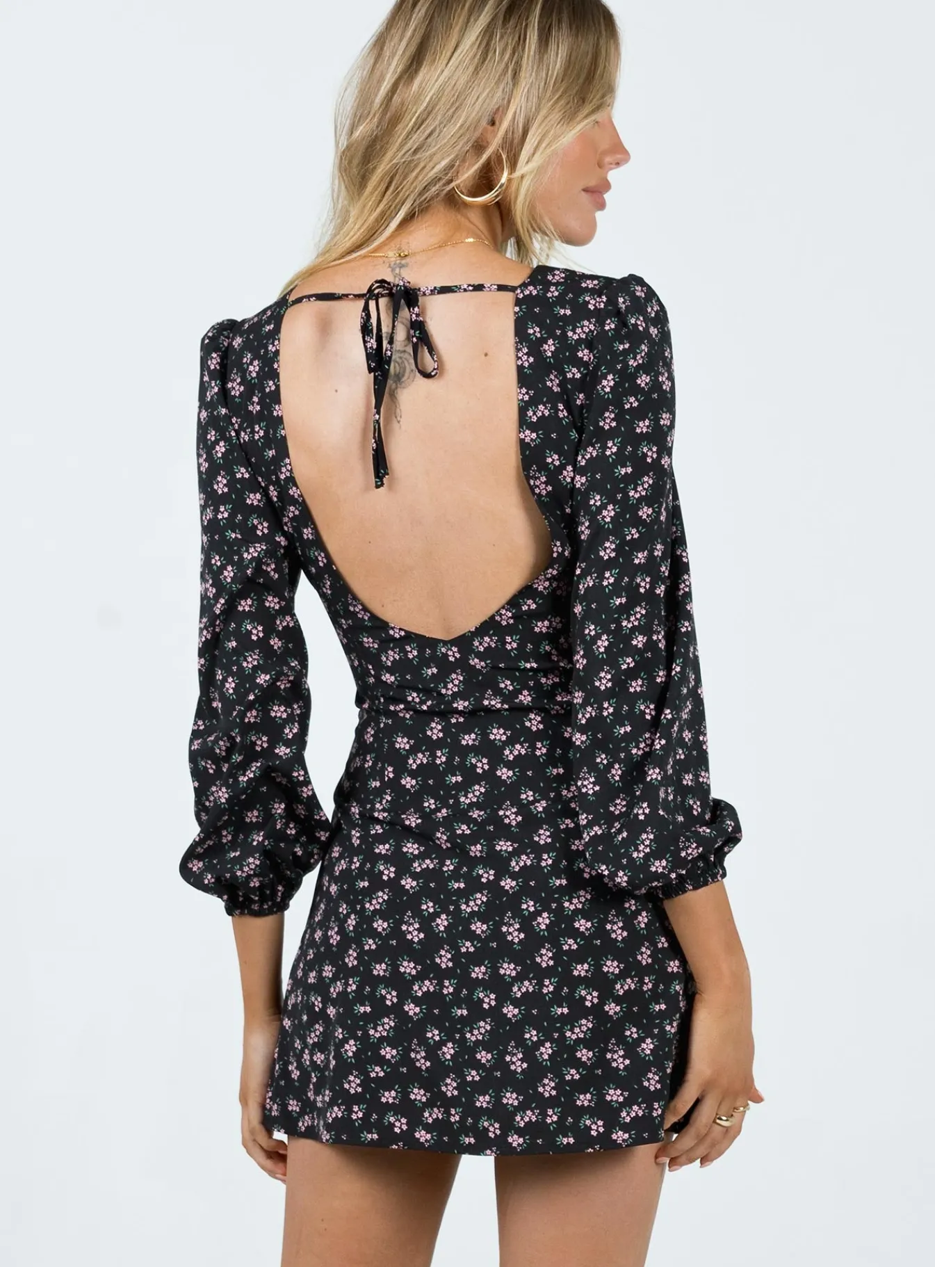 Princess Polly Naturi Long Sleeve Mini Dress/ Floral Black Best