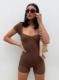 Princess Polly Nolan Short Sleeve Romper  Brown Sale