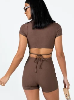 Princess Polly Nolan Short Sleeve Romper Brown Sale