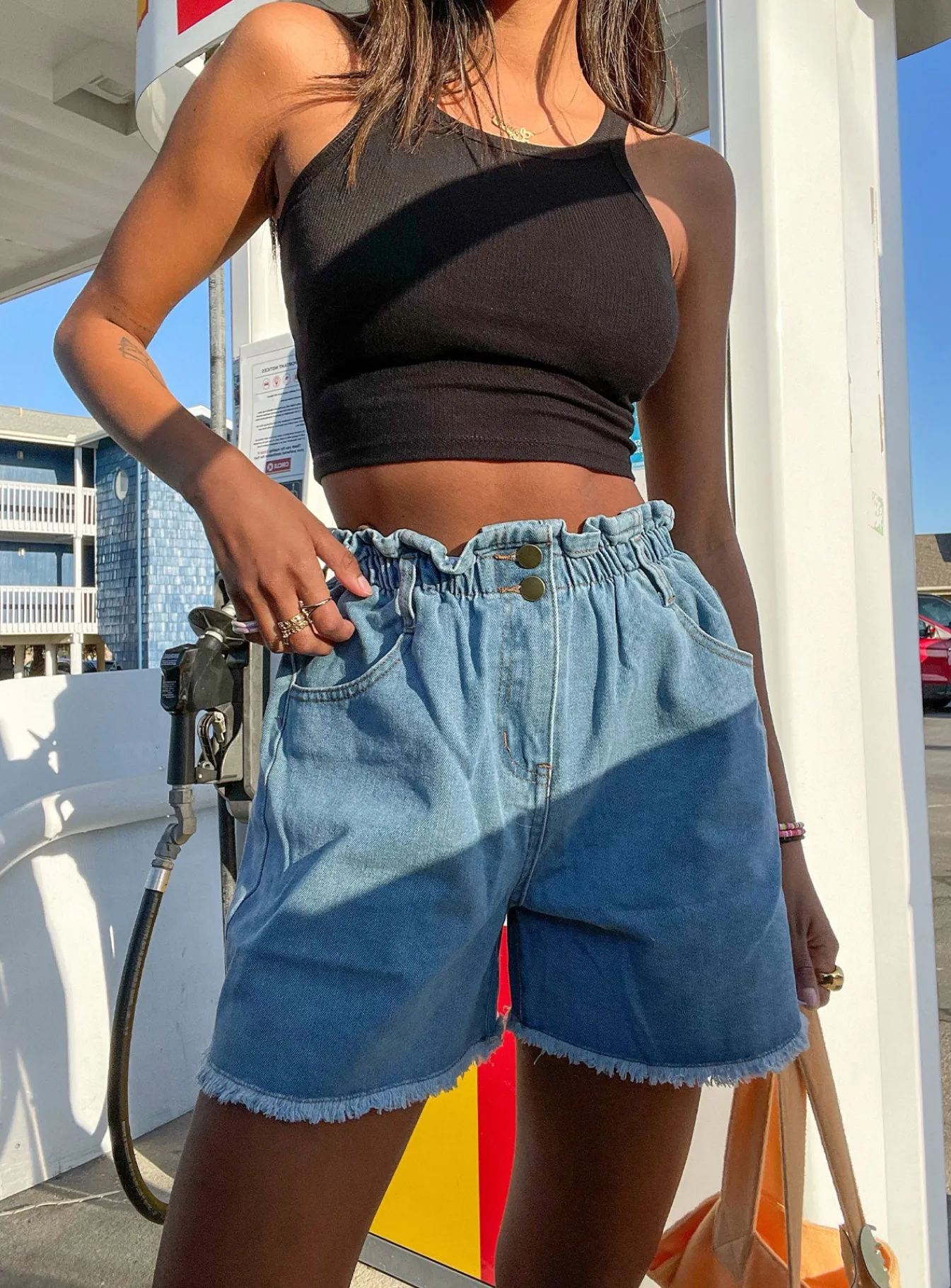 Princess Polly Open Road Denim Paper Bag Shorts Pale Blue Sale