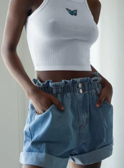 Princess Polly Open Road Denim Paper Bag Shorts Pale Blue Sale