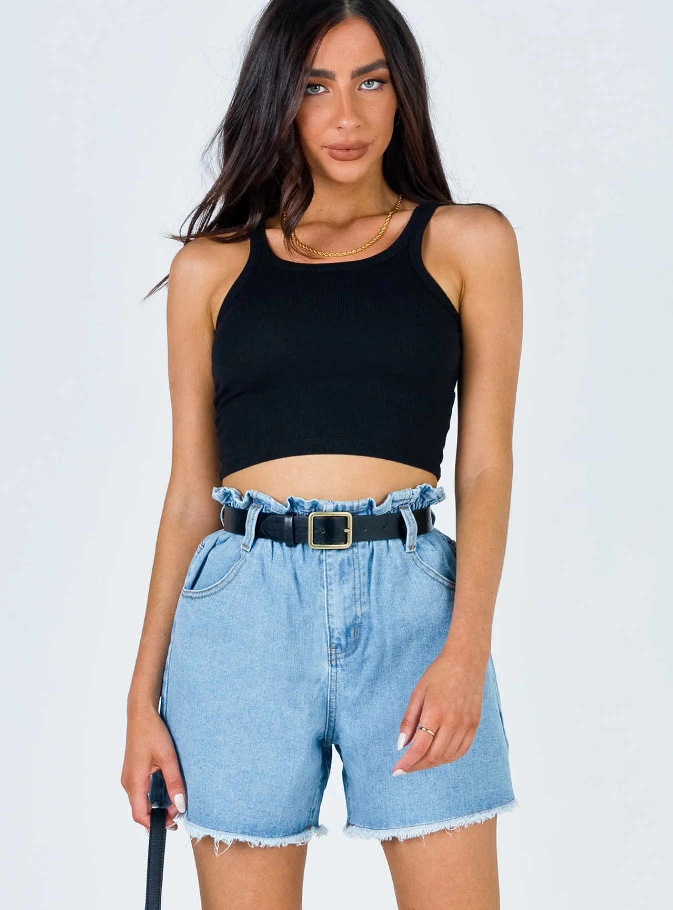 Princess Polly Open Road Denim Paper Bag Shorts Pale Blue Sale