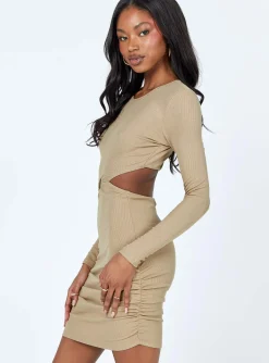 Princess Polly Orani Long Sleeve Mini Dress  Beige Shop
