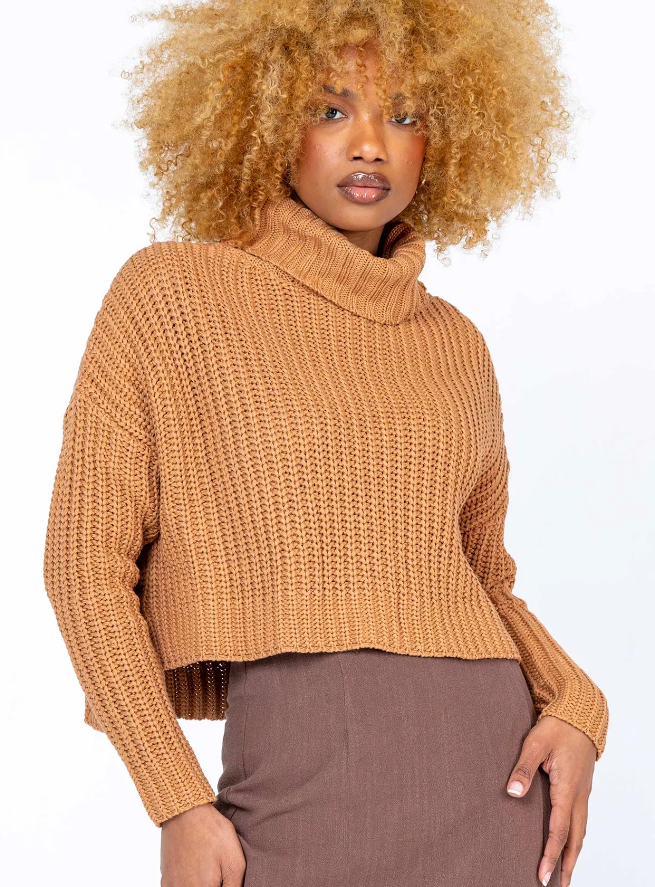 Princess Polly Organic Cotton Albie Turtleneck Sweater Tan Brown Fashion