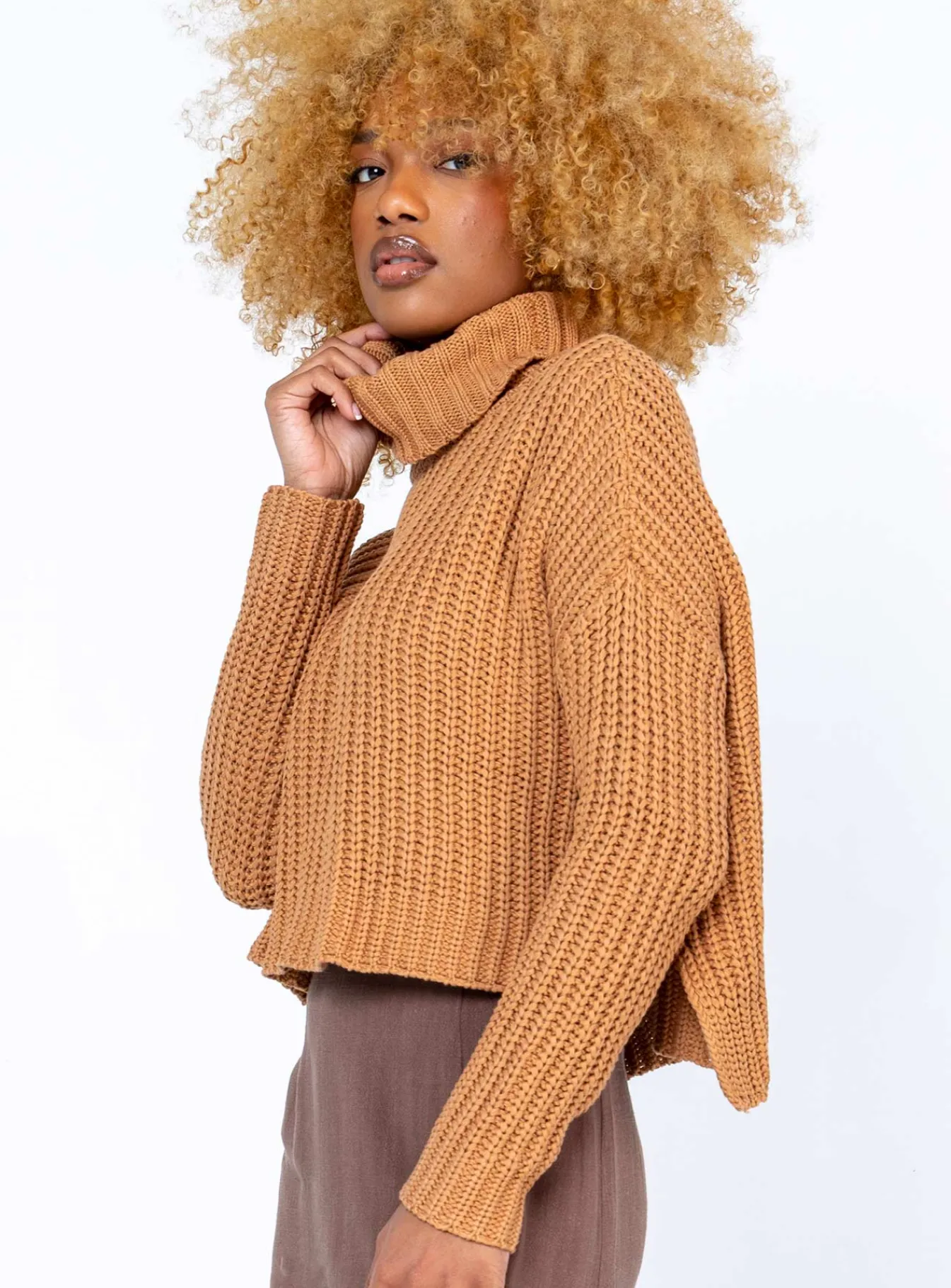 Princess Polly Organic Cotton Albie Turtleneck Sweater Tan Brown Fashion