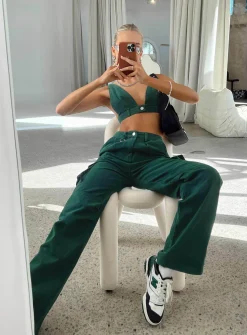 Princess Polly Paige Mid Rise Cargo Jean Denim  Green Fashion