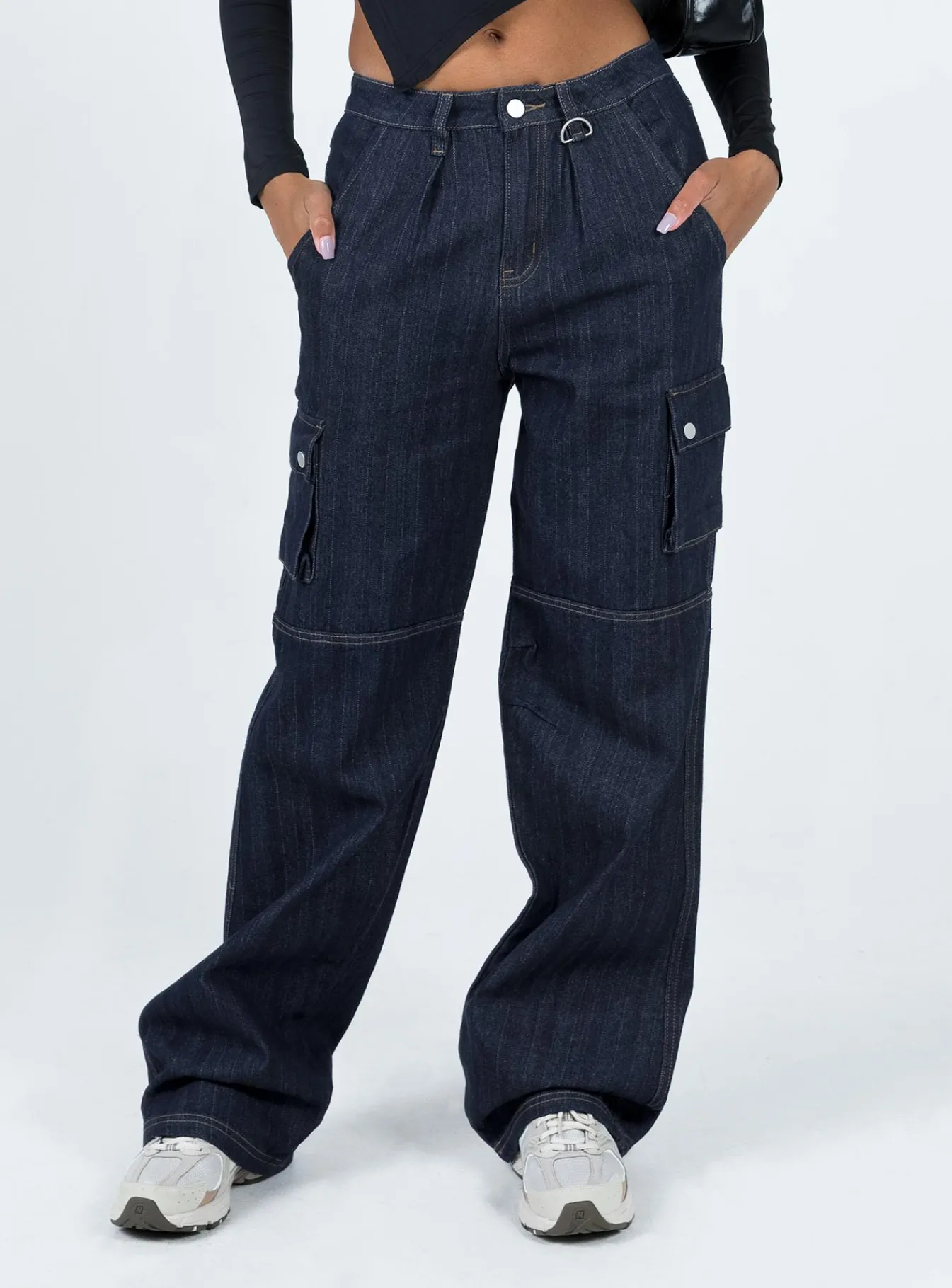 Princess Polly Paige Mid Rise Cargo Jean Dark Wash Denim Store