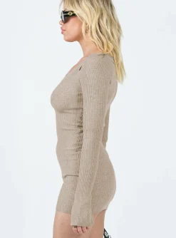Princess Polly Palmer Long Sleeve Mini Dress Beige Discount