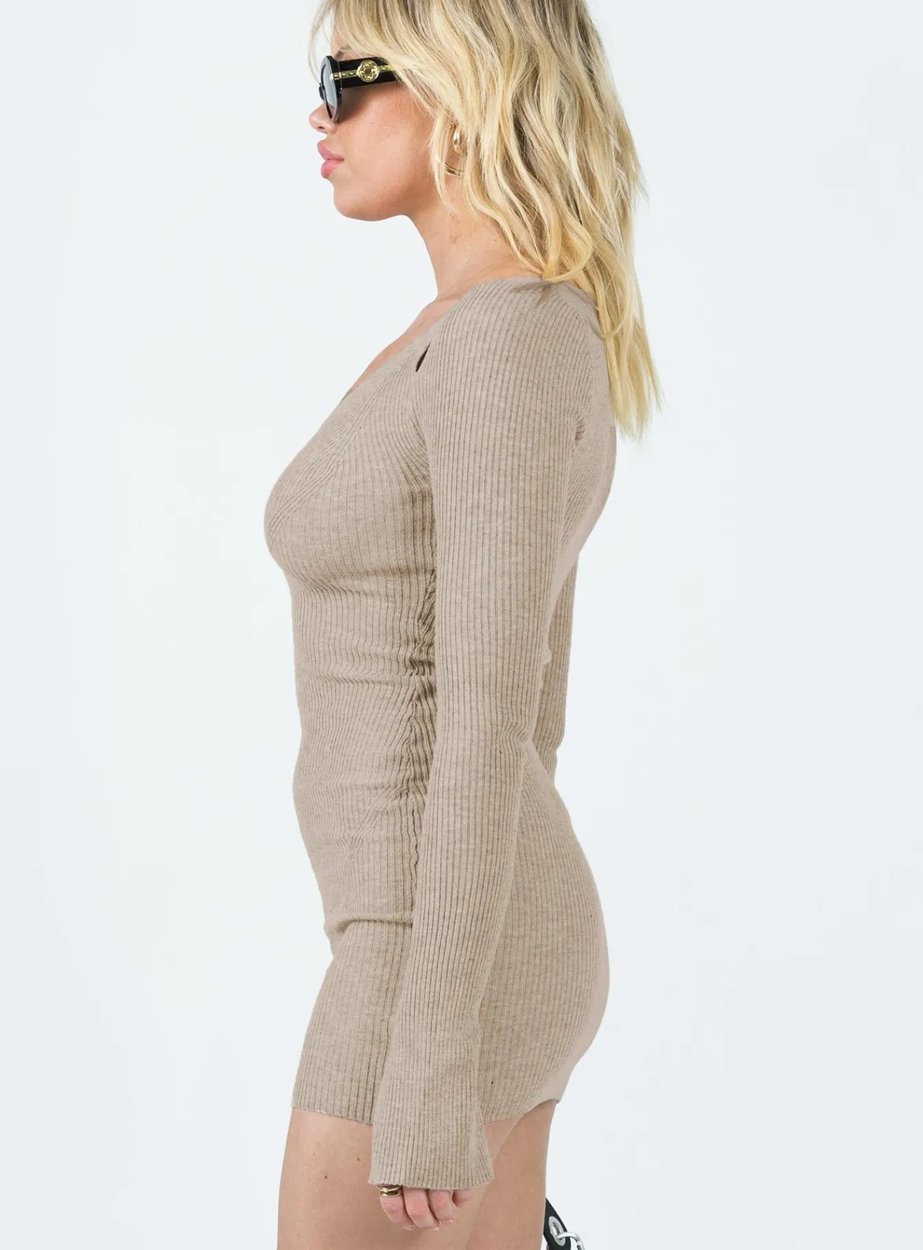 Princess Polly Palmer Long Sleeve Mini Dress Beige Discount