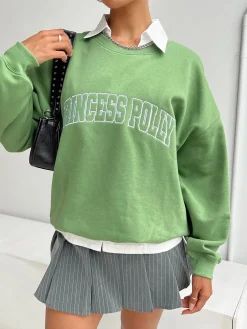 Princess Polly Crewneck Sweatshirt Collegiate Text  Green Outlet