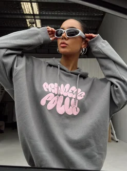 Princess Polly Hoodie Sweatshirt Bubble Text  Charcoal / Pink Hot