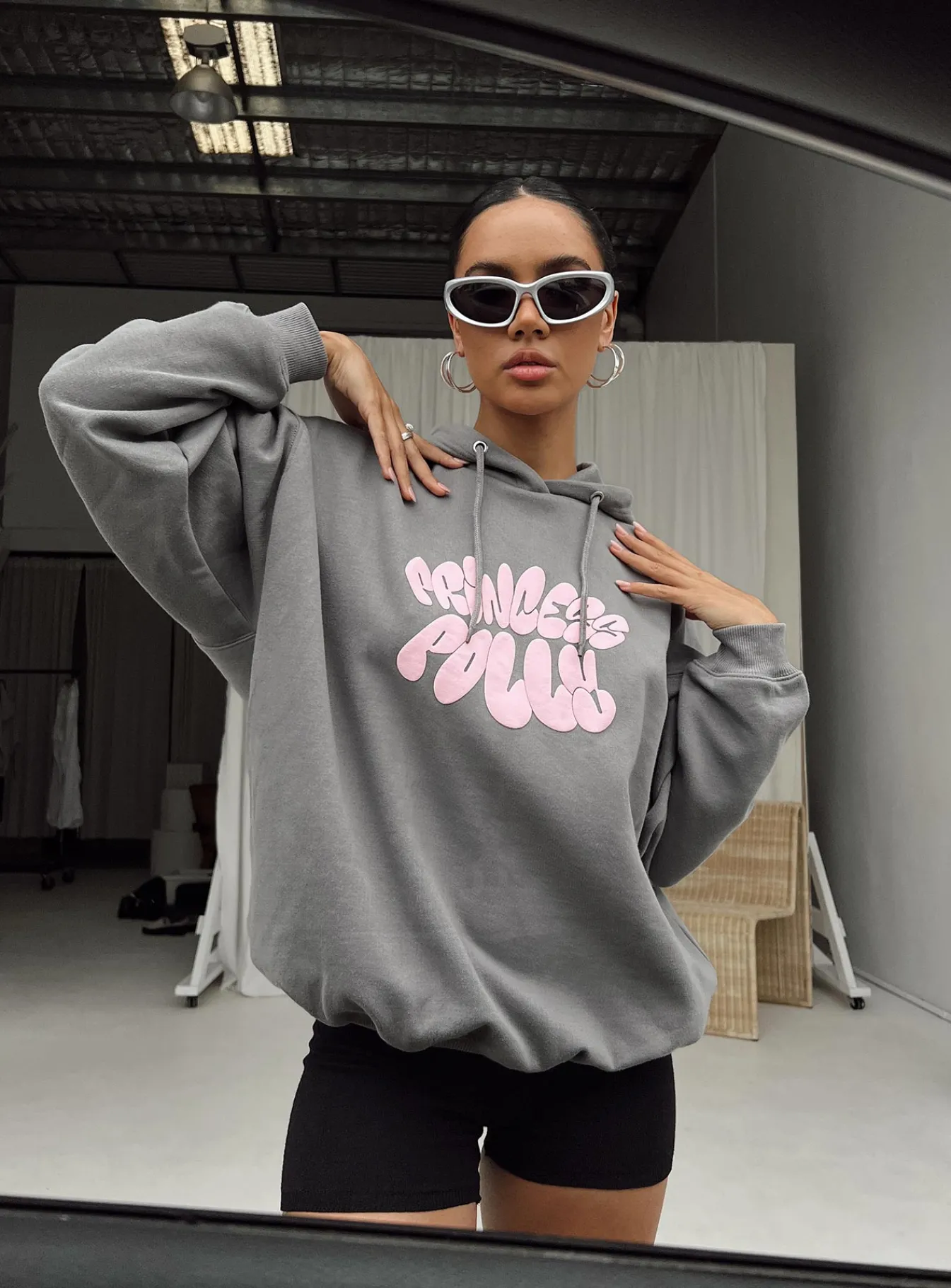 Princess Polly Hoodie Sweatshirt Bubble Text Charcoal / Pink Hot