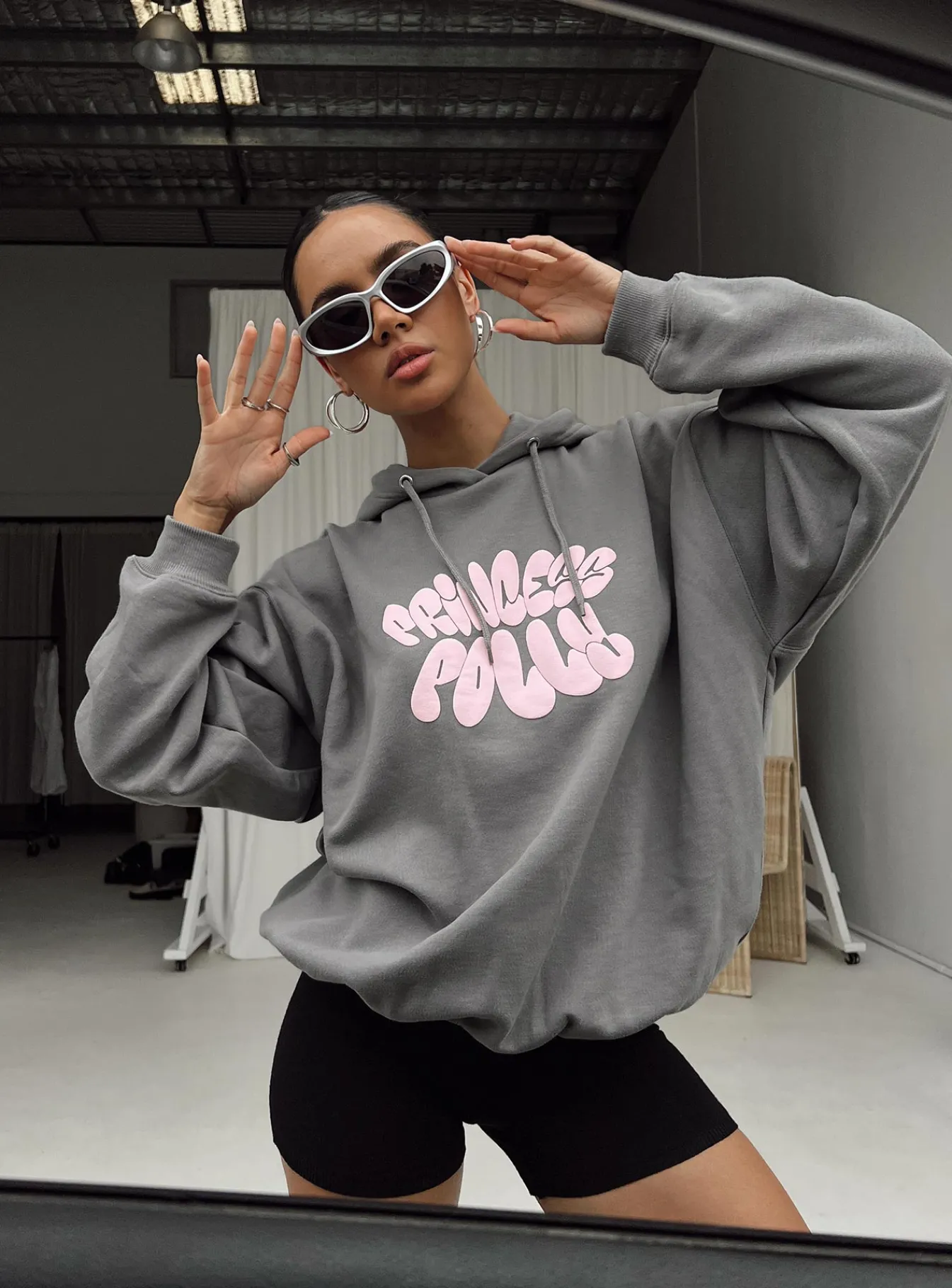 Princess Polly Hoodie Sweatshirt Bubble Text Charcoal / Pink Hot