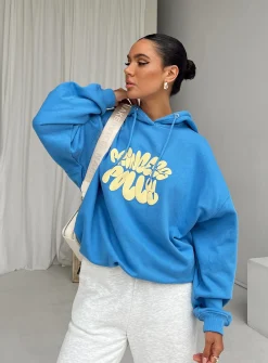 Princess Polly Hoodie Sweatshirt Bubble Text  Blue / Yellow Flash Sale