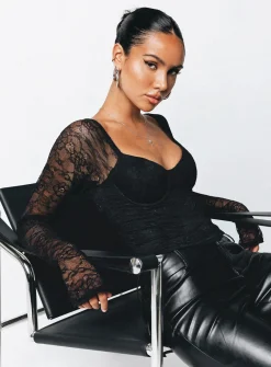 Princess Polly Purnell Long Sleeve Lace Top  Black Flash Sale