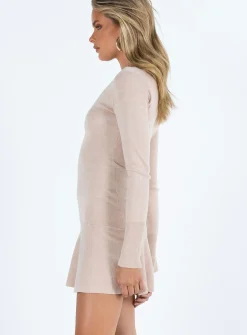 Princess Polly Rafter Long Sleeve Mini Dress  Beige Store