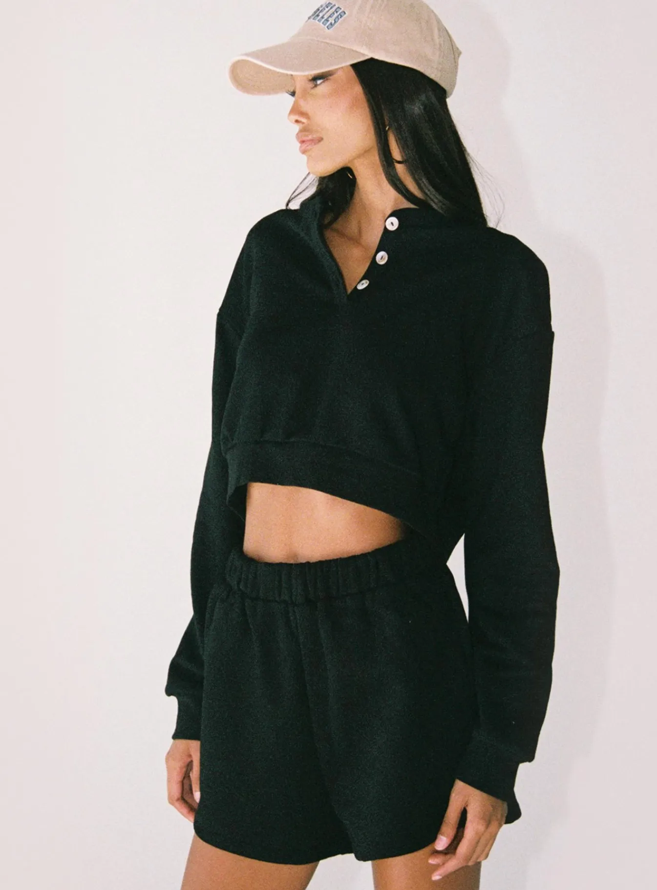 Princess Polly Rise &Amp; Lounge Cropped Henley Sweatshirt Black New