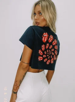Princess Polly Rolling Stones Many Tongues Crop Tee  Black Discount