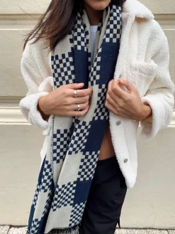 Princess Polly Ruthie Check Scarf Navy / White Blue Fashion