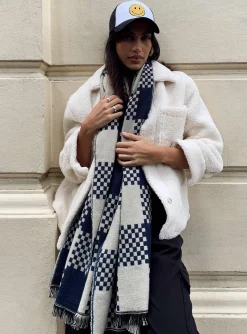 Princess Polly Ruthie Check Scarf Navy / White Blue Fashion