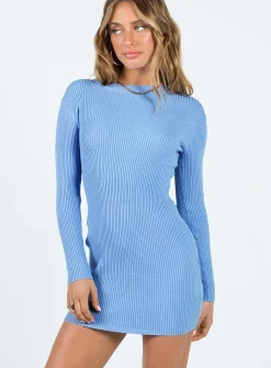 Princess Polly Sabine Long Sleeve Mini Dress  Blue Clearance