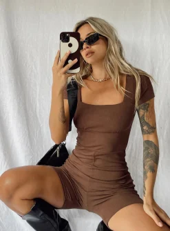 Princess Polly Sara Short Sleeve Romper  Brown New