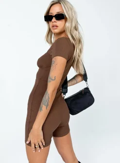 Princess Polly Sara Short Sleeve Romper  Brown New