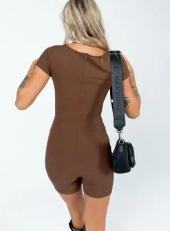Princess Polly Sara Short Sleeve Romper  Brown New
