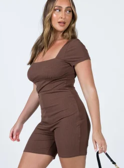 Princess Polly Sara Short Sleeve Romper  Brown New