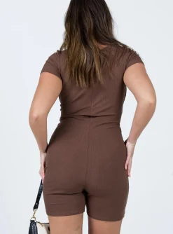 Princess Polly Sara Short Sleeve Romper  Brown New