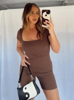 Princess Polly Sara Short Sleeve Romper  Brown New