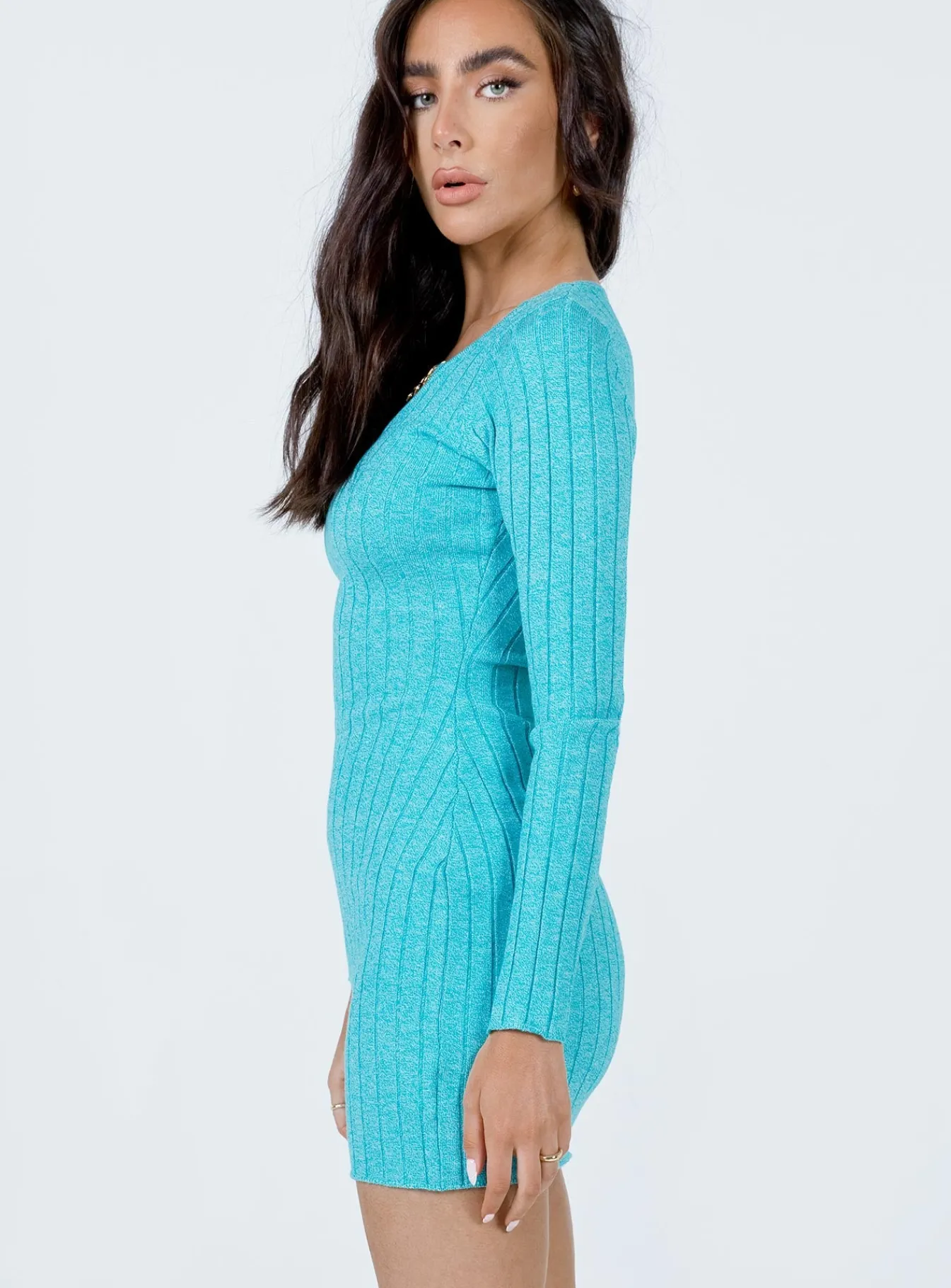 Princess Polly Shanti Long Sleeve Mini Dress Teal Blue Hot