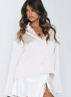 Princess Polly Sintra Satin Long Sleeve Shirt  Champagne Flash Sale