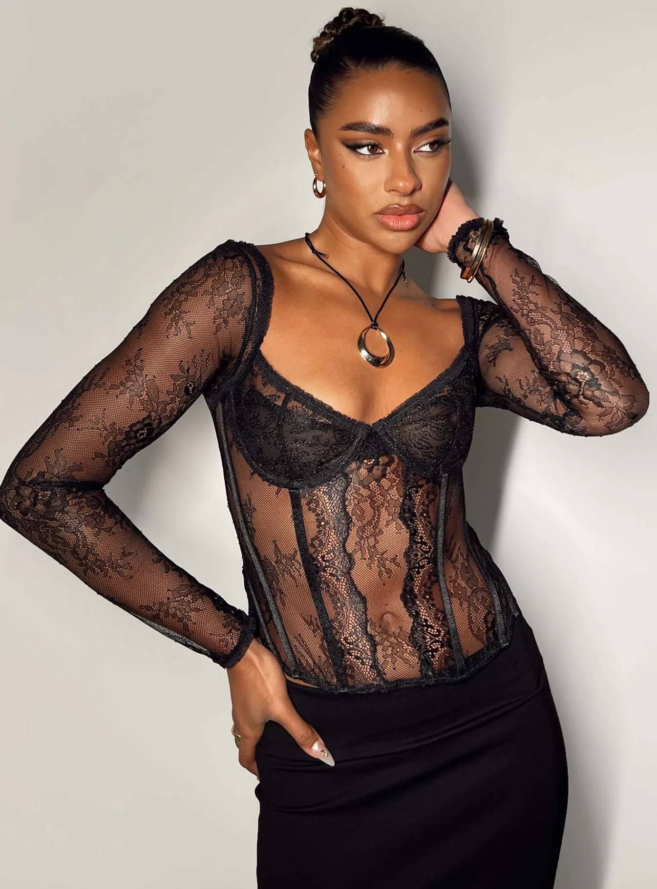 Princess Polly Some Like It Hot Long Sleeve Lace Corset Black Cheap