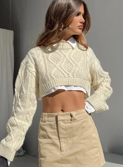 Princess Polly Sonny Cropped Sweater  Cream Hot