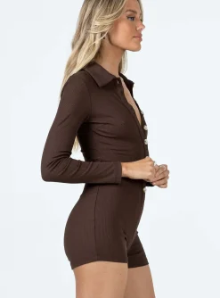 Princess Polly Susie Long Sleeve Romper  Brown Hot
