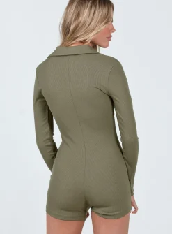 Princess Polly Susie Long Sleeve Romper  Khaki Flash Sale