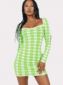 Princess Polly Sybil Long Sleeve Mini Dress/ White   Green Shop