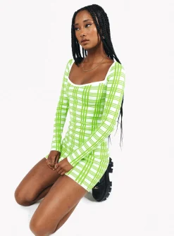 Princess Polly Sybil Long Sleeve Mini Dress/ White Green Shop