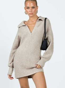 Princess Polly Tiara Long Sleeve Knit Mini Dress  Beige Best Sale