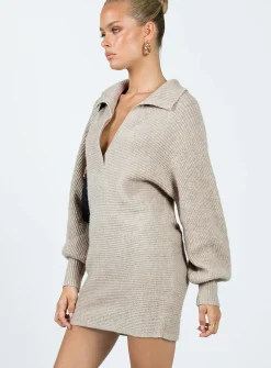 Princess Polly Tiara Long Sleeve Knit Mini Dress Beige Best Sale