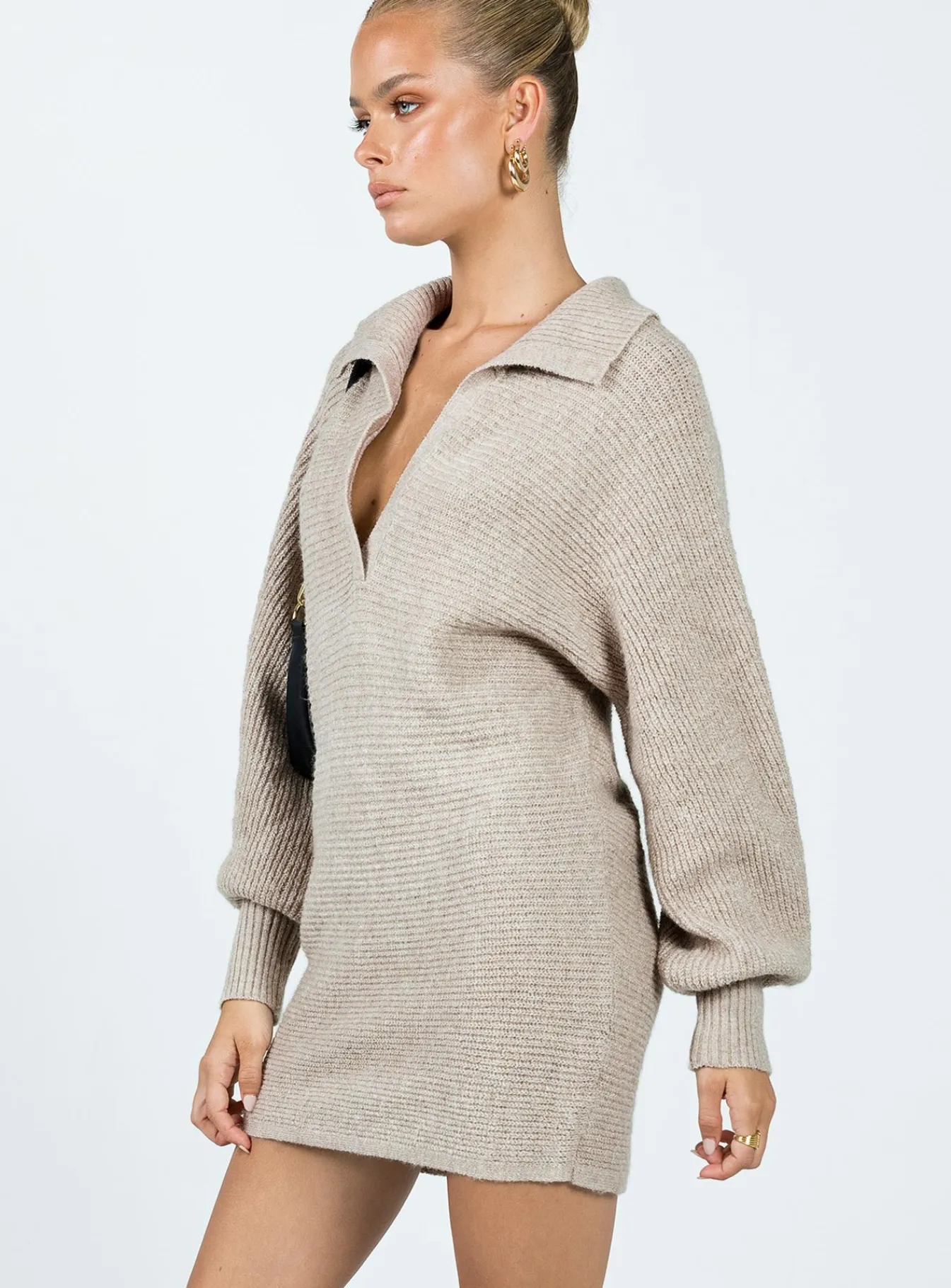 Princess Polly Tiara Long Sleeve Knit Mini Dress Beige Best Sale